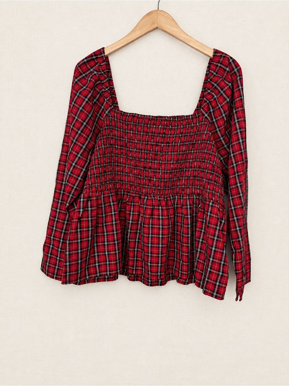 Old Navy Red Plaid Smocked Peplum Square-Neck Top